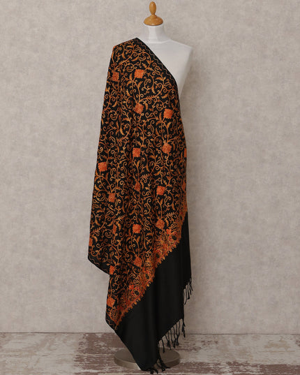 Black with Orange Floral Vine Design Blended Kashmiri Pashmina Shawl with Intricate Embroidery, Size 210X100 Cms, India-D24869
