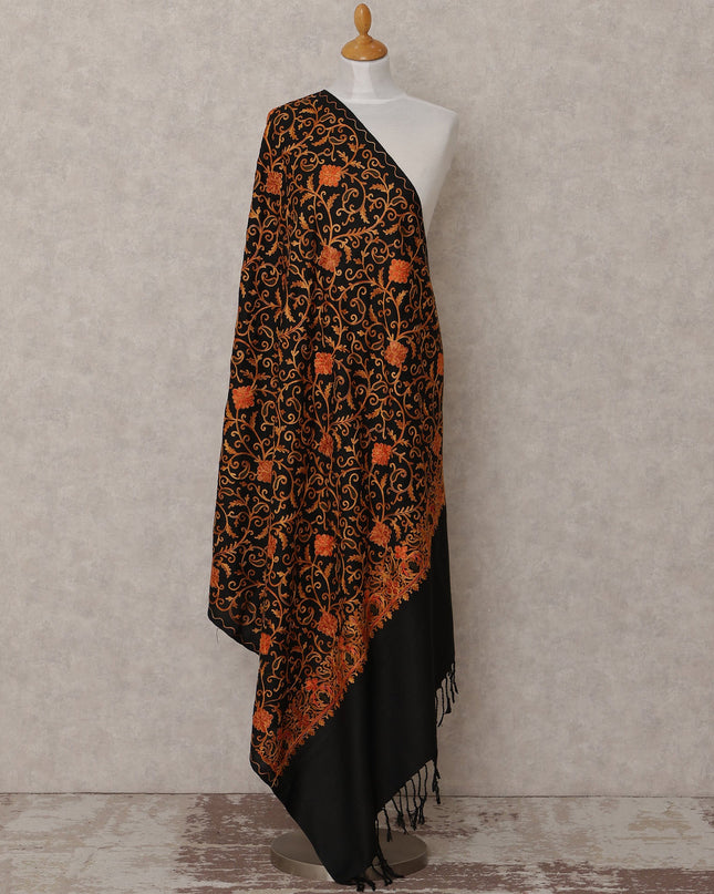 Black with Orange Floral Vine Design Blended Kashmiri Pashmina Shawl with Intricate Embroidery, Size 210X100 Cms, India-D24869