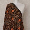 Black with Orange Floral Vine Design Blended Kashmiri Pashmina Shawl with Intricate Embroidery, Size 210X100 Cms, India-D24869