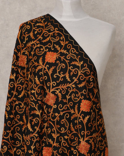 Black with Orange Floral Vine Design Blended Kashmiri Pashmina Shawl with Intricate Embroidery, Size 210X100 Cms, India-D24869