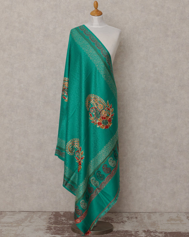 Green with Multicolor Paisley Motif Design Blended Kashmiri Pashmina Shawl, Size 210X100 Cms, India-D24870