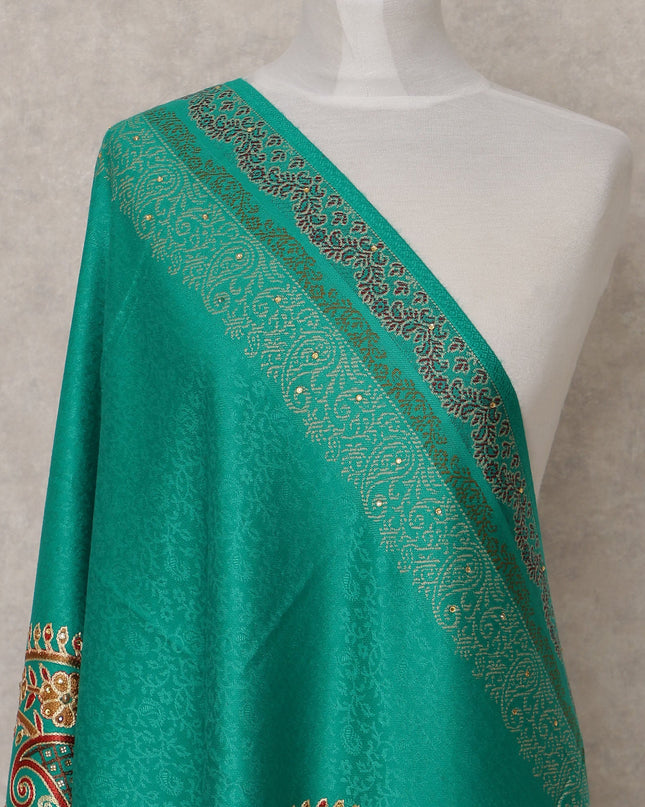 Green with Multicolor Paisley Motif Design Blended Kashmiri Pashmina Shawl, Size 210X100 Cms, India-D24870