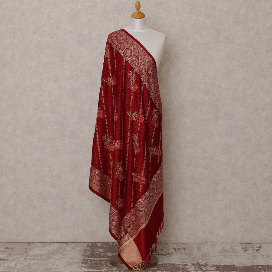 Maroon with Floral Vine Design Blended Kashmiri Pashmina Shawl, Size 210X100 Cms, India-D24871