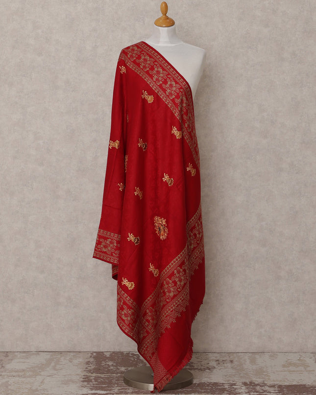 Red with Golden Floral Booti Design Blended Kashmiri Pashmina Shawl, Size 210X100 Cms, India-D24872 Regal Fabrics