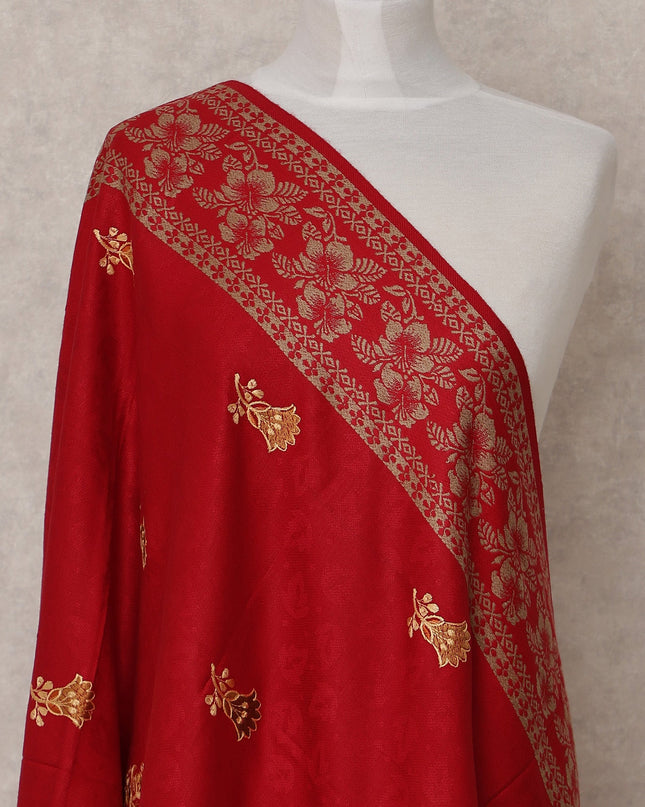 Red with Golden Floral Booti Design Blended Kashmiri Pashmina Shawl, Size 210X100 Cms, India-D24872 Regal Fabrics