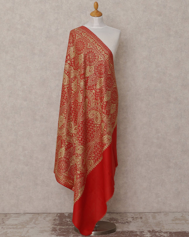 Red with Golden Paisley and Floral Jaal Design Premium Kashmiri Pashmina Shawl, Size 210X100 Cms, India-D24873 Regal Fabrics