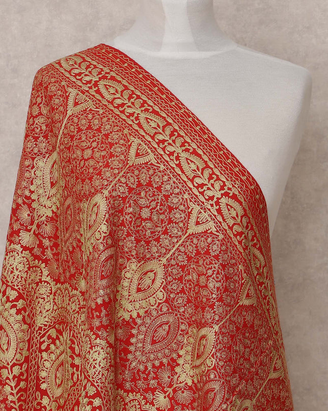 Red with Golden Paisley and Floral Jaal Design Premium Kashmiri Pashmina Shawl, Size 210X100 Cms, India-D24873 Regal Fabrics