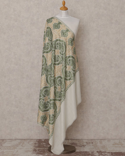 Ivory and Green Paisley Design Premium Kashmiri Pashmina Shawl with Intricate Weaving, Size 210X100 Cms, India-D24874