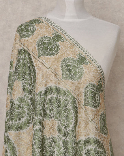 Ivory and Green Paisley Design Premium Kashmiri Pashmina Shawl with Intricate Weaving, Size 210X100 Cms, India-D24874