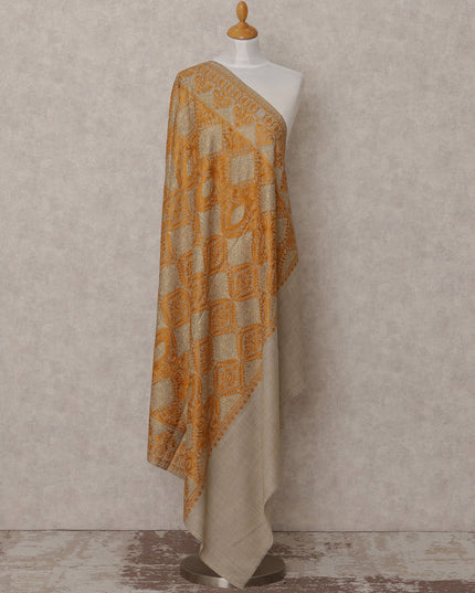 Beige and Mustard Geometric Motif Premium Kashmiri Pashmina Shawl with Intricate Weaving, Size 210X100 Cms, India-D24875