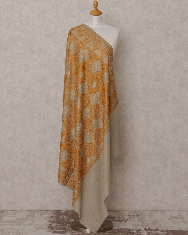 Beige and Mustard Geometric Motif Premium Kashmiri Pashmina Shawl with Intricate Weaving, Size 210X100 Cms, India-D24875