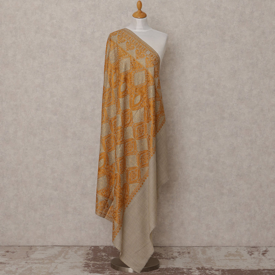 Beige and Mustard Geometric Motif Premium Kashmiri Pashmina Shawl with Intricate Weaving, Size 210X100 Cms, India-D24875