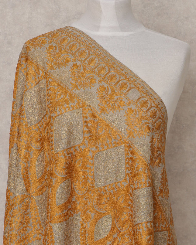 Beige and Mustard Geometric Motif Premium Kashmiri Pashmina Shawl with Intricate Weaving, Size 210X100 Cms, India-D24875