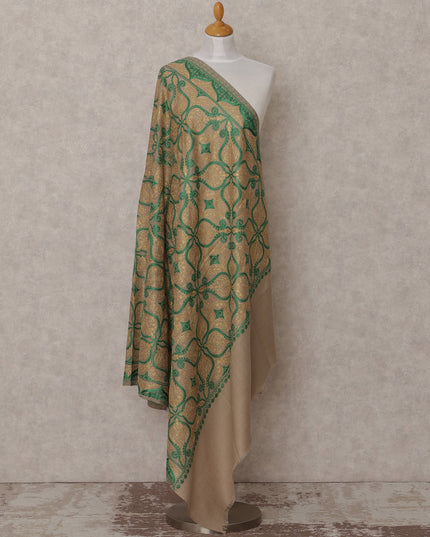 Beige and Green Geometric Motif Premium Kashmiri Pashmina Shawl with Intricate Weaving, Size 210X100 Cms, India-D24876