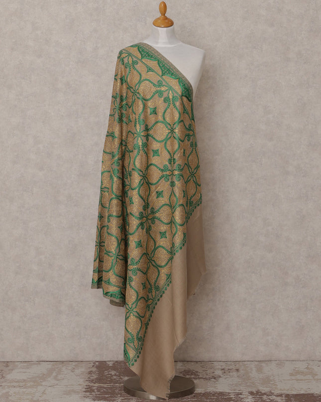 Beige and Green Geometric Motif Premium Kashmiri Pashmina Shawl with Intricate Weaving, Size 210X100 Cms, India-D24876
