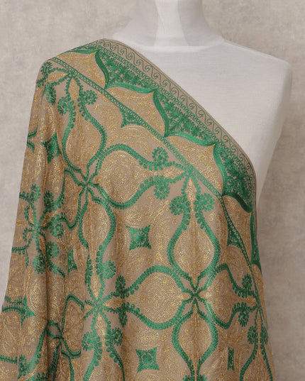 Beige and Green Geometric Motif Premium Kashmiri Pashmina Shawl with Intricate Weaving, Size 210X100 Cms, India-D24876