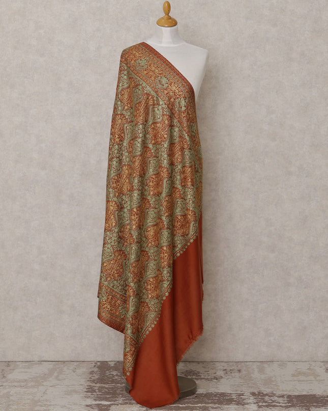 Rust and Green Paisley Design Premium Kashmiri Pashmina Shawl with Intricate Weaving, Size 210X100 Cms, India-D24877 Regal Fabrics