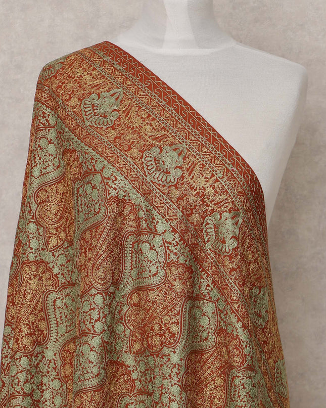 Rust and Green Paisley Design Premium Kashmiri Pashmina Shawl with Intricate Weaving, Size 210X100 Cms, India-D24877 Regal Fabrics