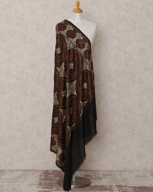 Black and Brown Intricate Floral Design Premium Kashmiri Pashmina Shawl with Traditional Weaving, Size 210X100 Cms, India-D24879