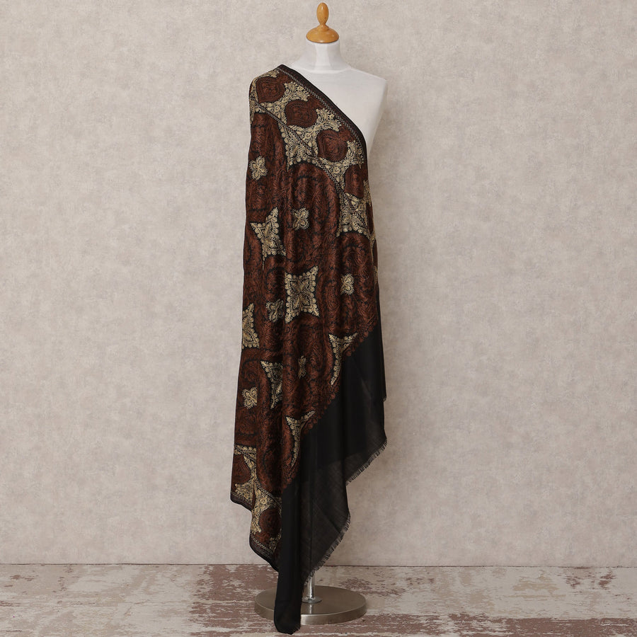 Black and Brown Intricate Floral Design Premium Kashmiri Pashmina Shawl with Traditional Weaving, Size 210X100 Cms, India-D24879