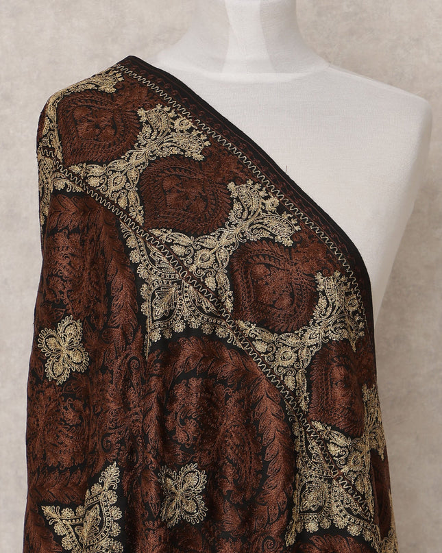 Black and Brown Intricate Floral Design Premium Kashmiri Pashmina Shawl with Traditional Weaving, Size 210X100 Cms, India-D24879