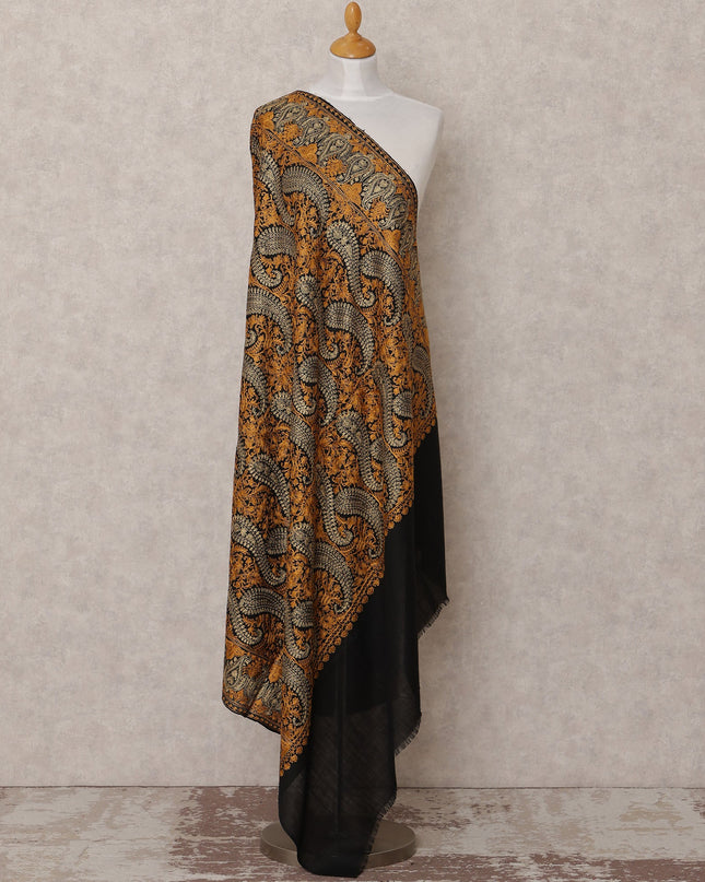 Black and Mustard Paisley and Floral Design Premium Kashmiri Pashmina Shawl with Traditional Weaving, Size 210X100 Cms, India-D24880
