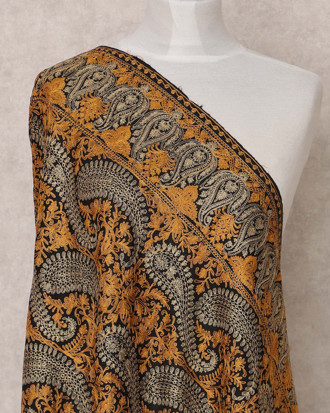 Black and Mustard Paisley and Floral Design Premium Kashmiri Pashmina Shawl with Traditional Weaving, Size 210X100 Cms, India-D24880