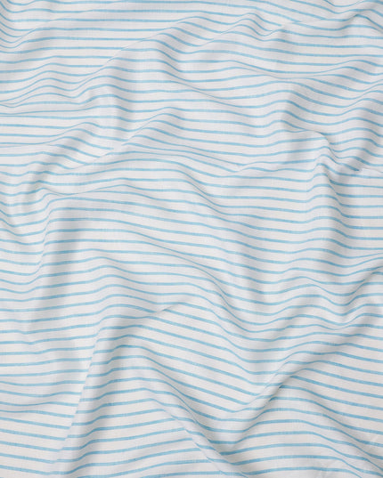 قماش كتان نقي فاخر مطبوع مخطط باللونين الأبيض والأزرق السماوي، 150 سم، الهند - D25161