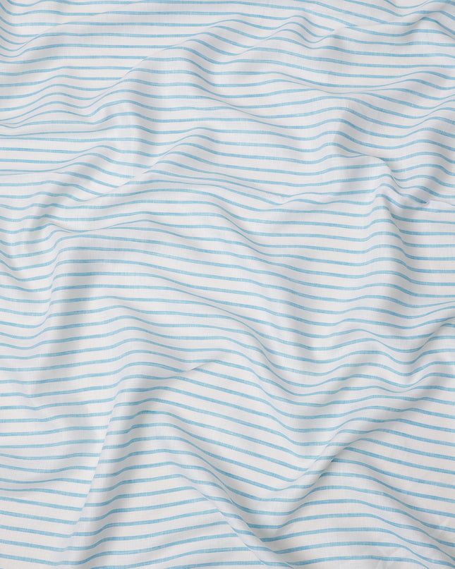 قماش كتان نقي فاخر مطبوع مخطط باللونين الأبيض والأزرق السماوي، 150 سم، الهند - D25161