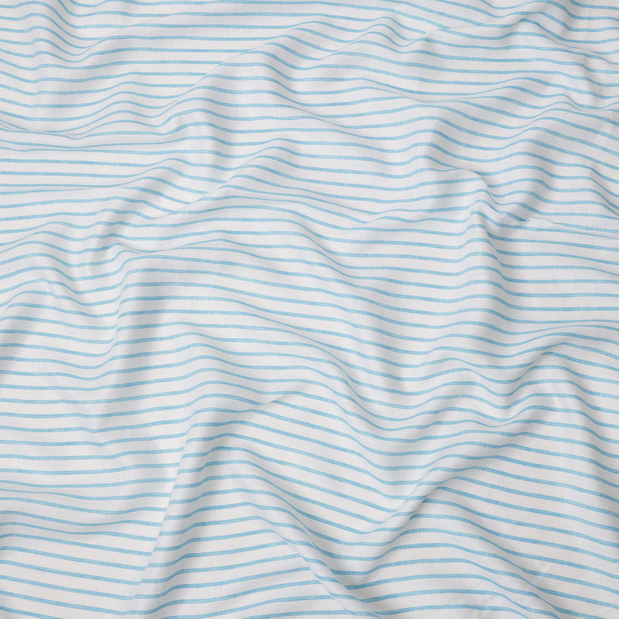 قماش كتان نقي فاخر مطبوع مخطط باللونين الأبيض والأزرق السماوي، 150 سم، الهند - D25161