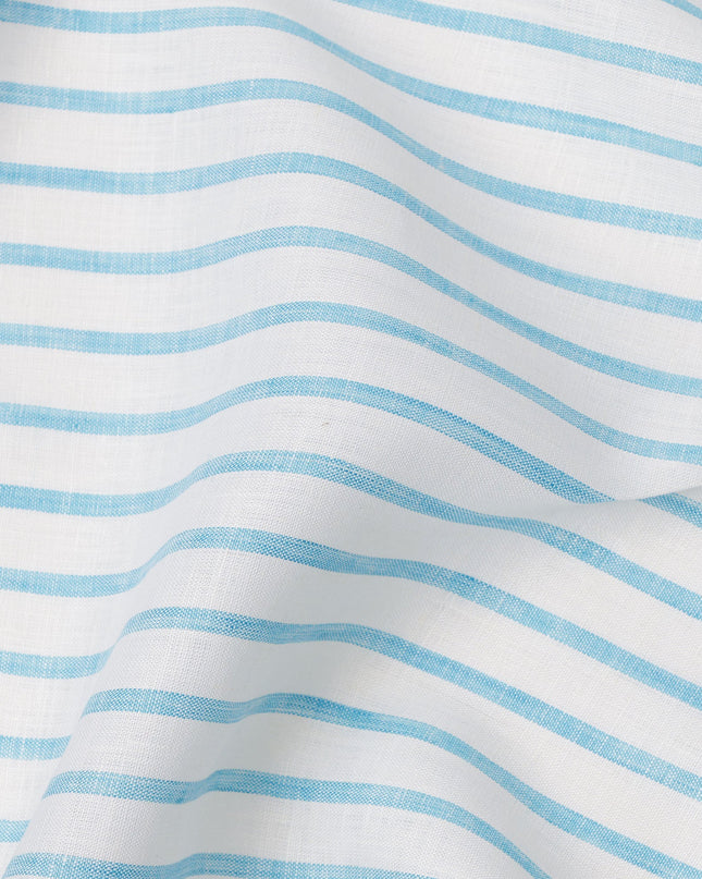 قماش كتان نقي فاخر مطبوع مخطط باللونين الأبيض والأزرق السماوي، 150 سم، الهند - D25161