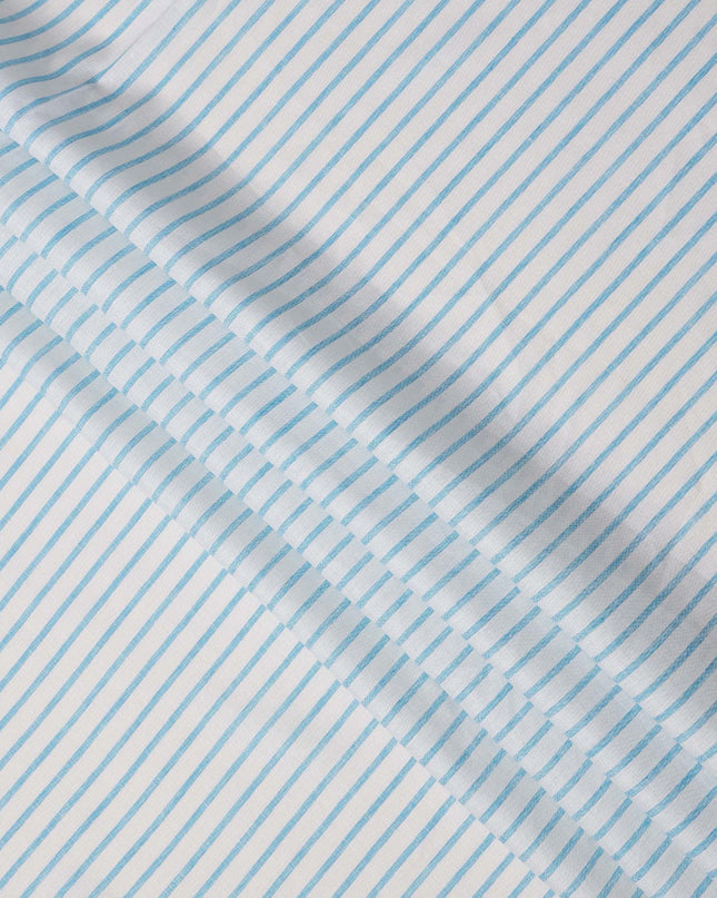 قماش كتان نقي فاخر مطبوع مخطط باللونين الأبيض والأزرق السماوي، 150 سم، الهند - D25161