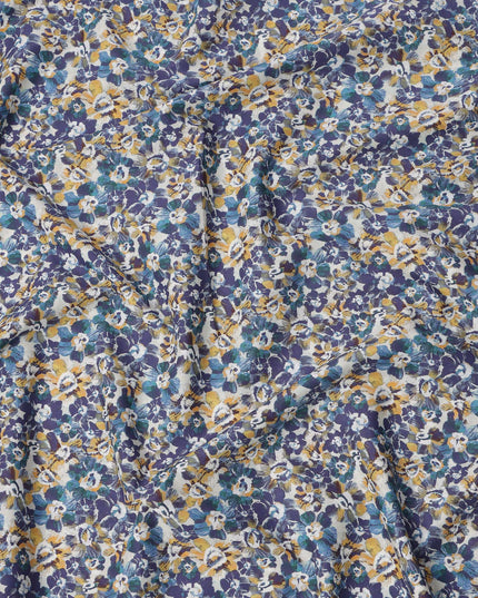 White with Blue and Yellow Floral Print Pure Italian Cotton Lawn Fabric, 140 Cms, Italy-D25396