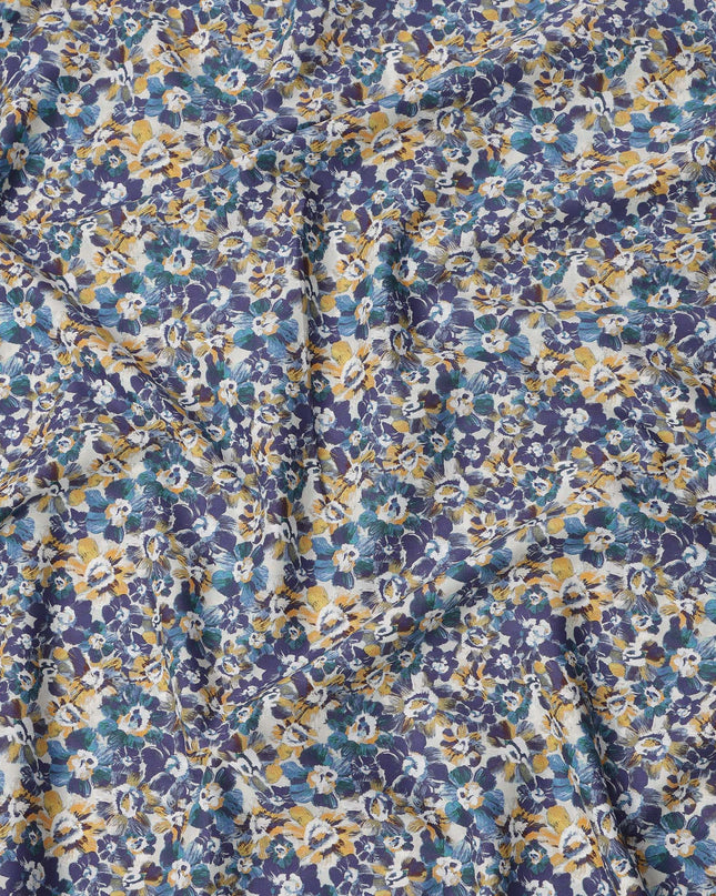 White with Blue and Yellow Floral Print Pure Italian Cotton Lawn Fabric, 140 Cms, Italy-D25396