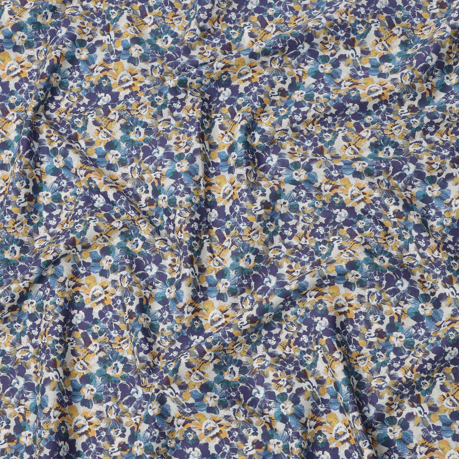White with Blue and Yellow Floral Print Pure Italian Cotton Lawn Fabric, 140 Cms, Italy-D25396