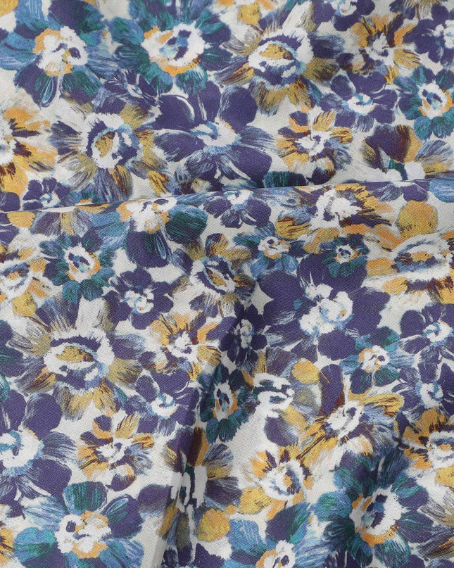 White with Blue and Yellow Floral Print Pure Italian Cotton Lawn Fabric, 140 Cms, Italy-D25396