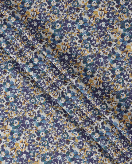 White with Blue and Yellow Floral Print Pure Italian Cotton Lawn Fabric, 140 Cms, Italy-D25396