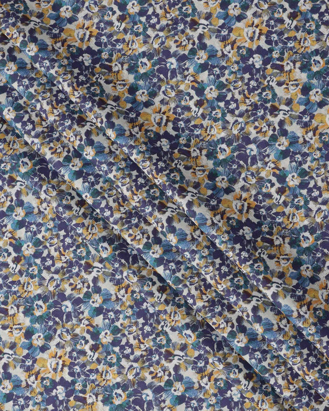 White with Blue and Yellow Floral Print Pure Italian Cotton Lawn Fabric, 140 Cms, Italy-D25396