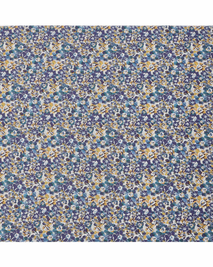 White with Blue and Yellow Floral Print Pure Italian Cotton Lawn Fabric, 140 Cms, Italy-D25396