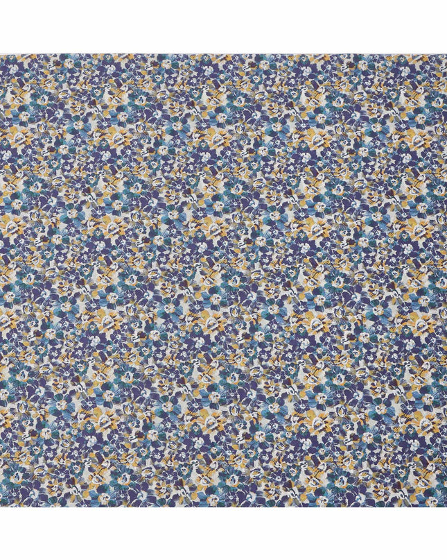 White with Blue and Yellow Floral Print Pure Italian Cotton Lawn Fabric, 140 Cms, Italy-D25396