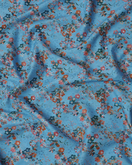 Blue Multicolor Floral Print Pure Italian Cotton Lawn Fabric, 140 Cms, Italy-D25397
