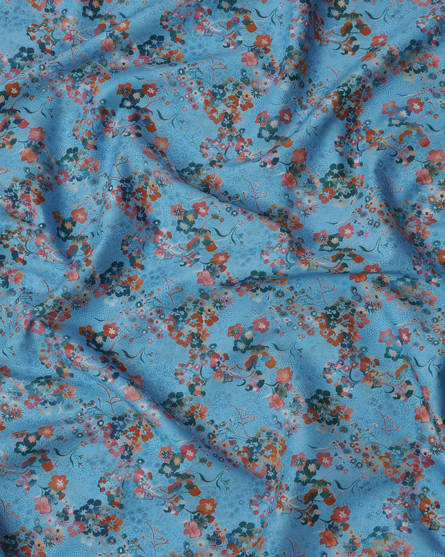 Blue Multicolor Floral Print Pure Italian Cotton Lawn Fabric, 140 Cms, Italy-D25397