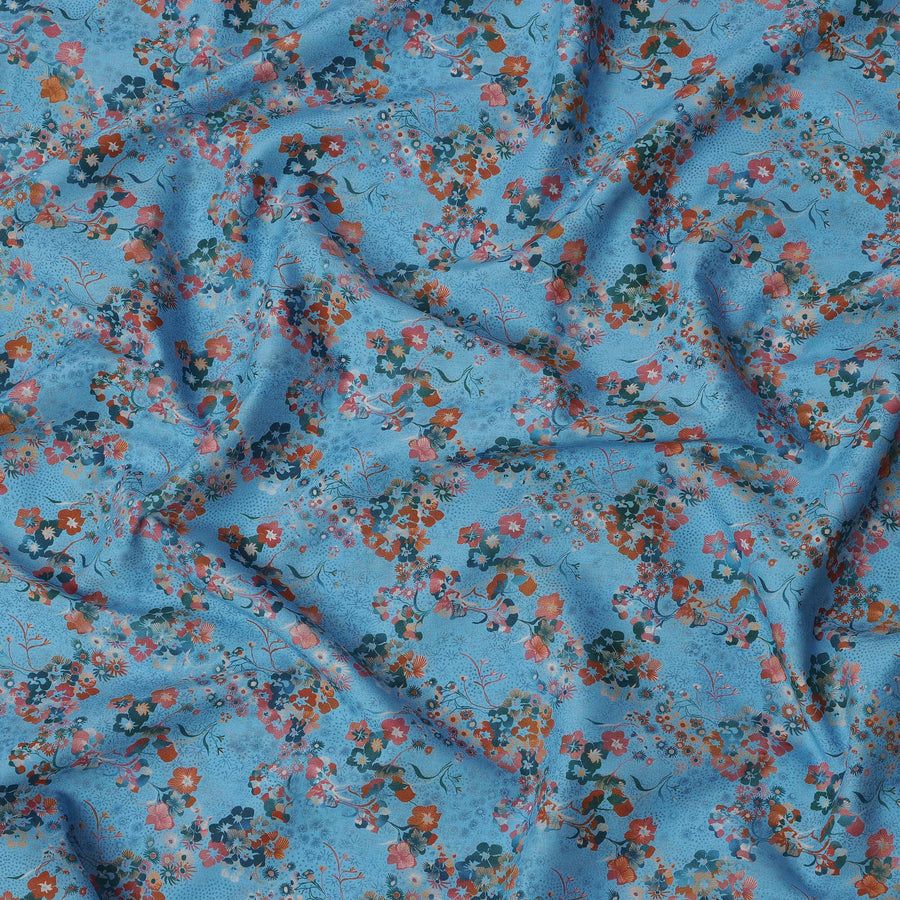 Blue Multicolor Floral Print Pure Italian Cotton Lawn Fabric, 140 Cms, Italy-D25397