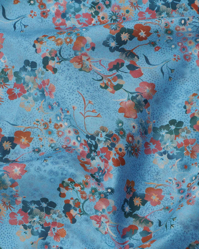 Blue Multicolor Floral Print Pure Italian Cotton Lawn Fabric, 140 Cms, Italy-D25397
