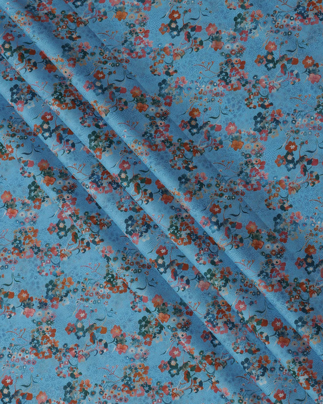 Blue Multicolor Floral Print Pure Italian Cotton Lawn Fabric, 140 Cms, Italy-D25397