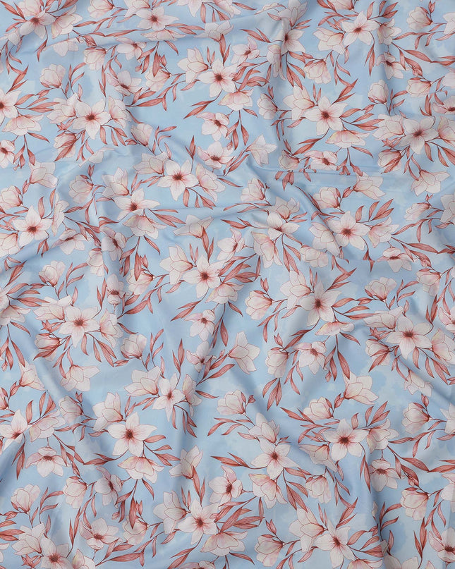 Sky Blue with Pink Floral Print Pure Italian Cotton Lawn Fabric, 140 Cms, Italy-D25398 Regal Fabrics