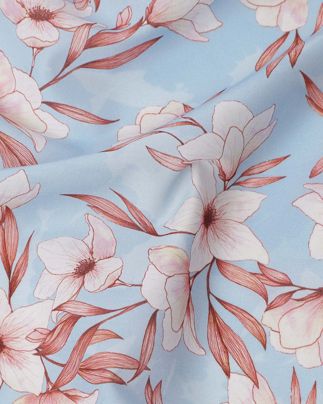 Sky Blue with Pink Floral Print Pure Italian Cotton Lawn Fabric, 140 Cms, Italy-D25398 Regal Fabrics