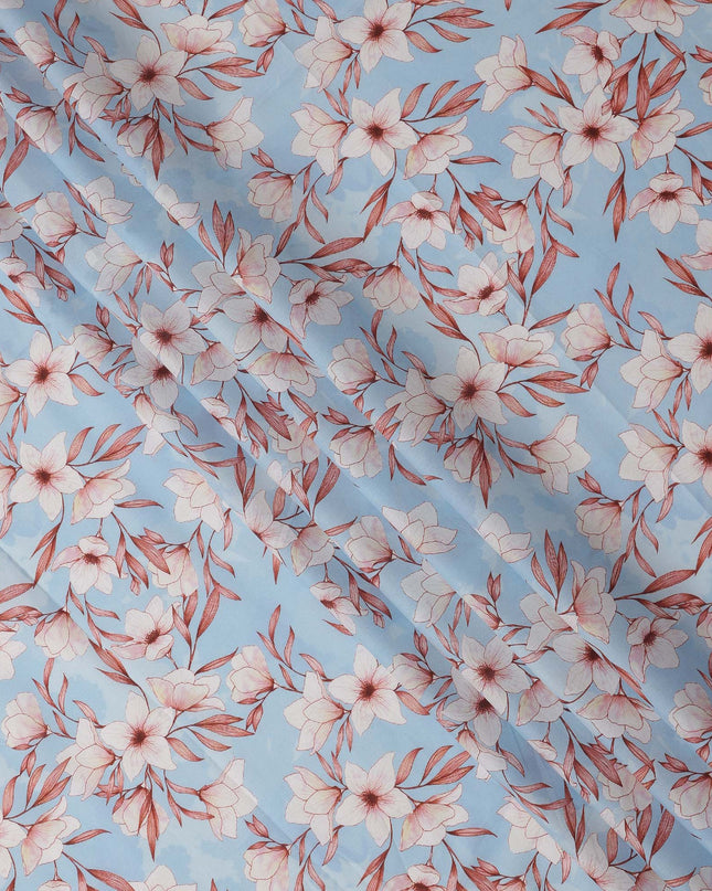 Sky Blue with Pink Floral Print Pure Italian Cotton Lawn Fabric, 140 Cms, Italy-D25398 Regal Fabrics