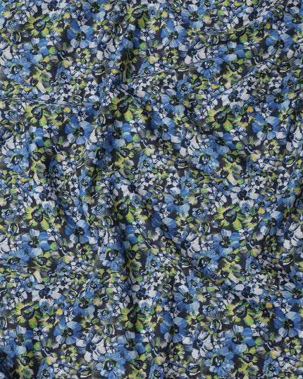 Navy Blue with Green and White Floral Print Pure Italian Cotton Lawn Fabric, 140 Cms, Italy-D25399