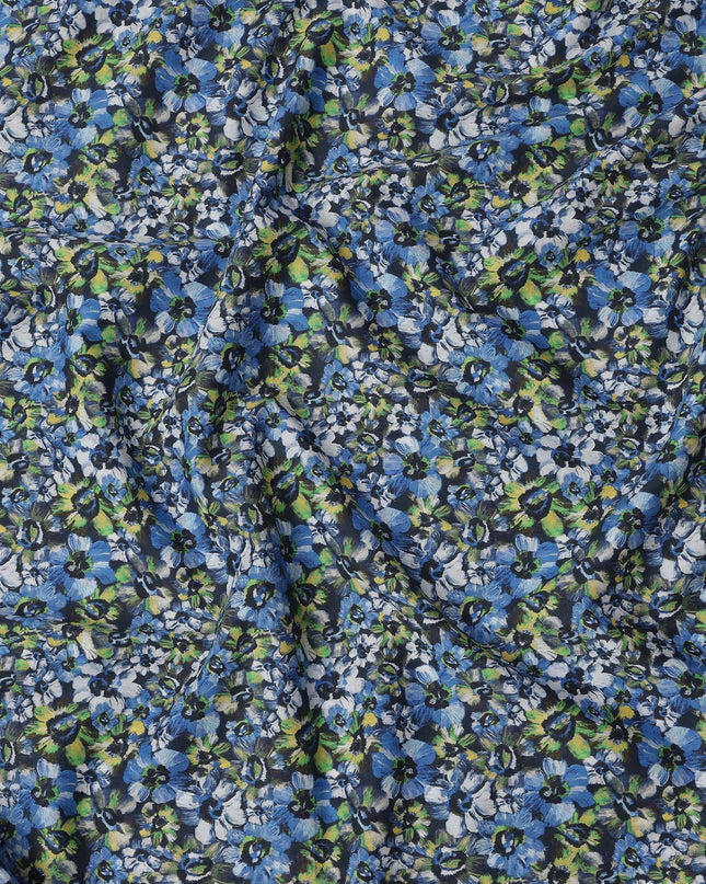 Navy Blue with Green and White Floral Print Pure Italian Cotton Lawn Fabric, 140 Cms, Italy-D25399